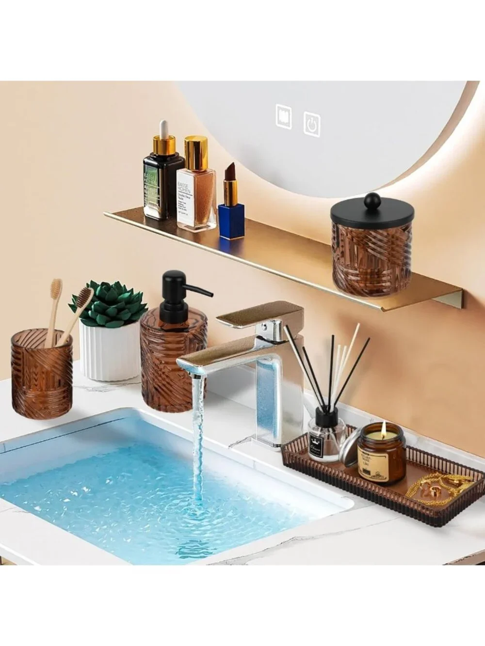 Stylish Amber Glass Bathroom Accessories Set - 4 Pcs Lotion Dispenser